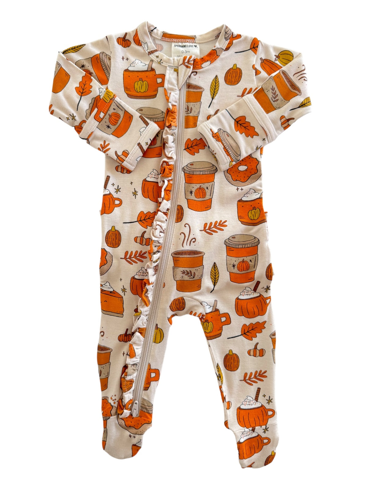 Baby onesie with autumn-themed prints of pumpkins, leaves, and coffee cups in orange and cream colors.