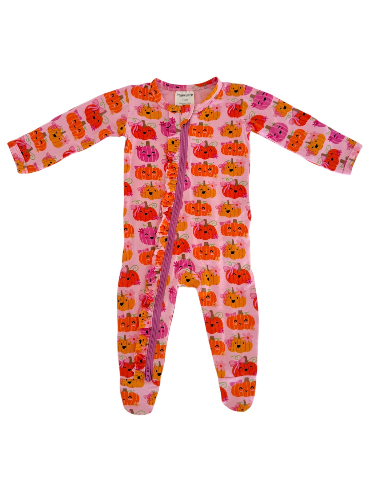 Pink pajama onesie covered in colorful pumpkin patterns with a front zipper. Ideal for cozy nighttime wear.