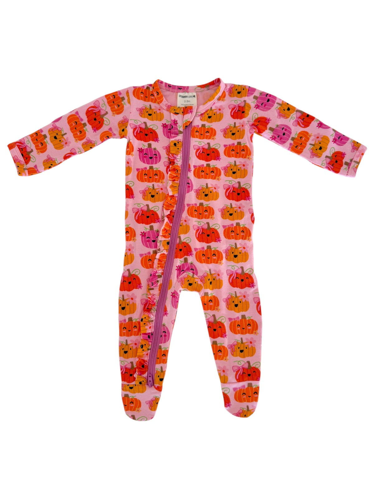 Pink pajama onesie covered in colorful pumpkin patterns with a front zipper. Ideal for cozy nighttime wear.