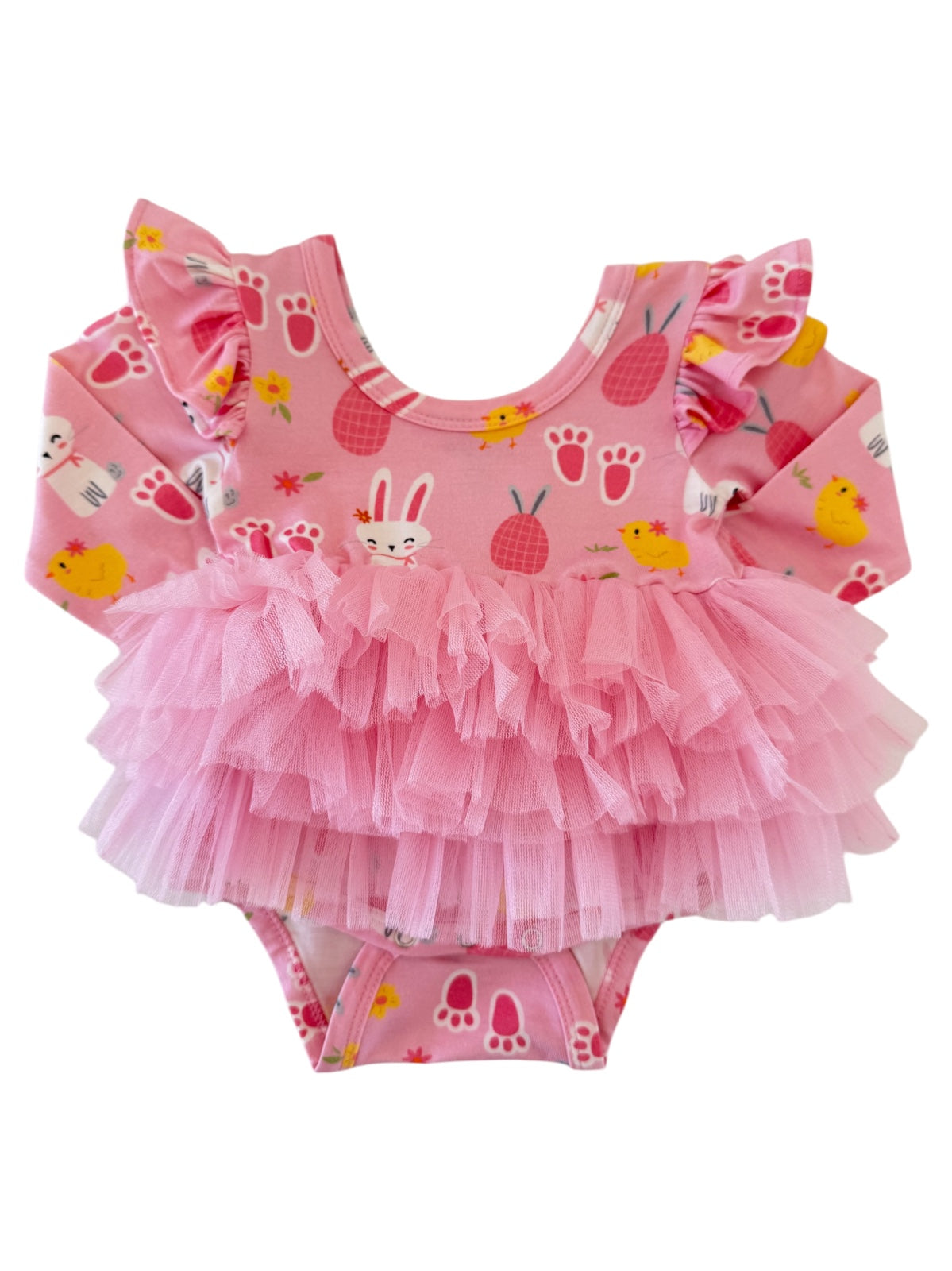 Pink ruffled baby swimsuit featuring bunny and chick designs with a fluffy tulle layer. Perfect for spring outings.