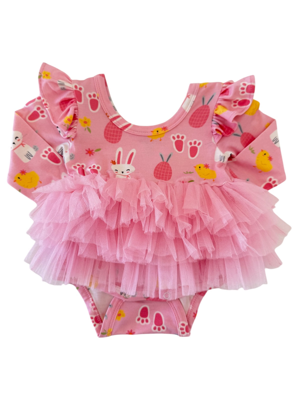 Pink ruffled baby swimsuit featuring bunny and chick designs with a fluffy tulle layer. Perfect for spring outings.