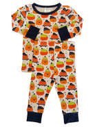 Two-piece children's pajamas featuring a fun pumpkin print in vibrant colors. Perfect for Halloween!