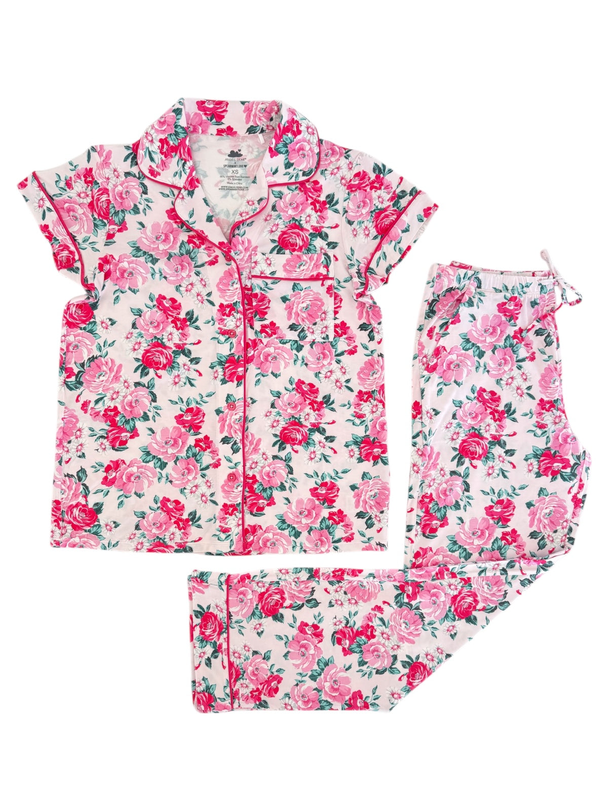 Floral pink and white pajama set featuring a short-sleeve top and matching pants.
