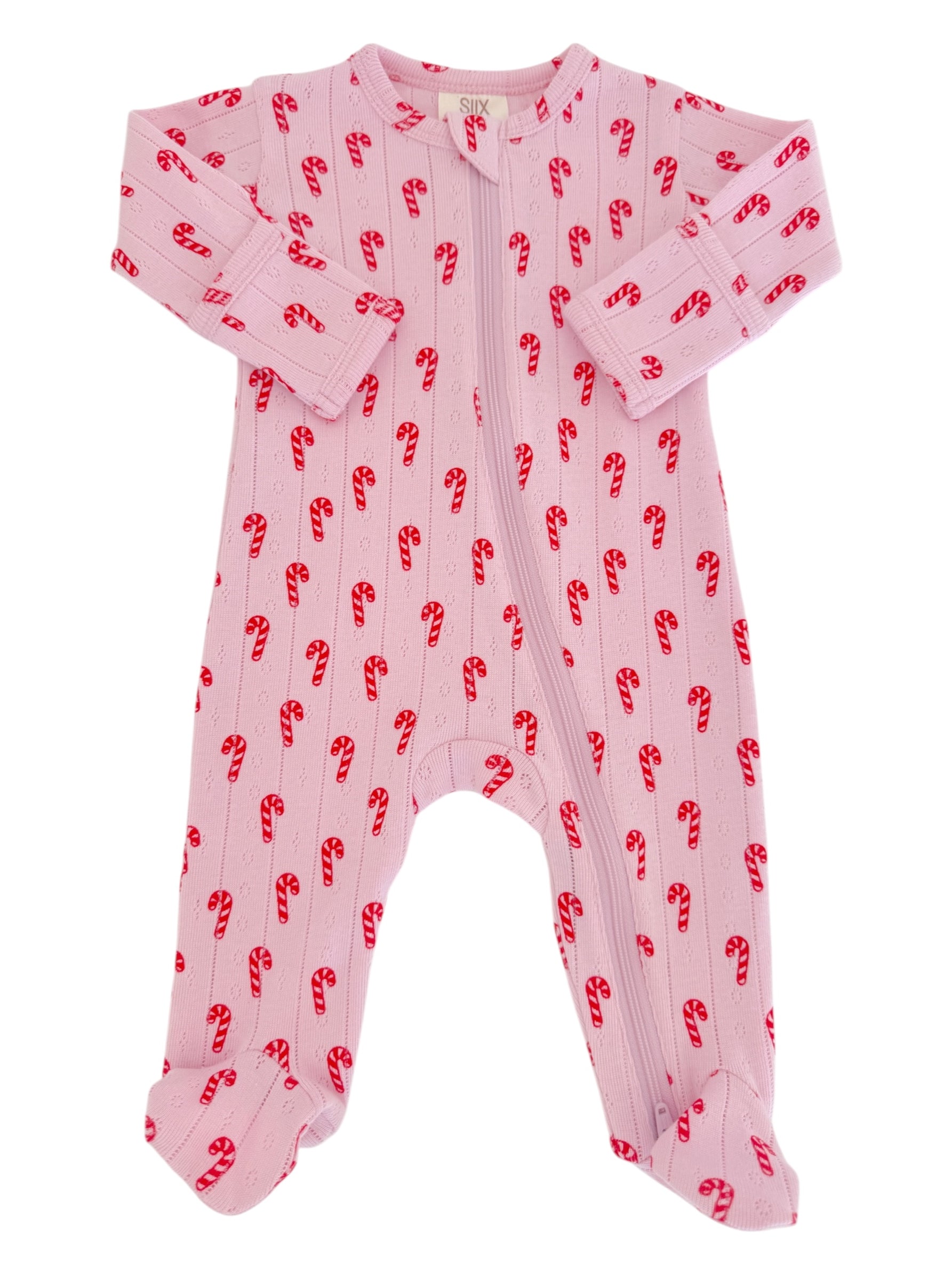Pink baby onesie with candy cane pattern and long sleeves. Suitable for infants during winter.