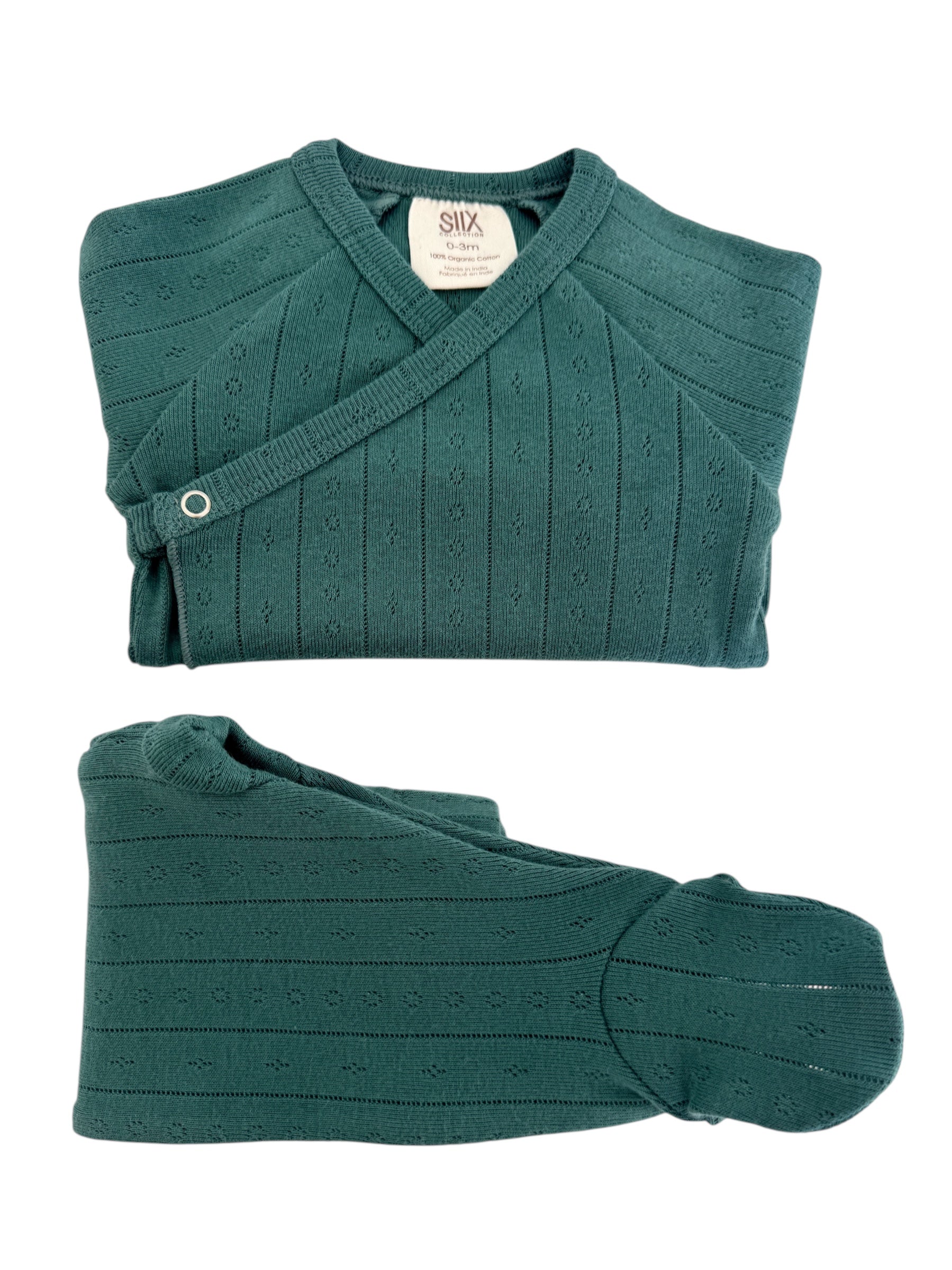 Green knitted baby sweater set displayed flat, featuring a wrap design and a textured pattern. Size: 0-3 months.