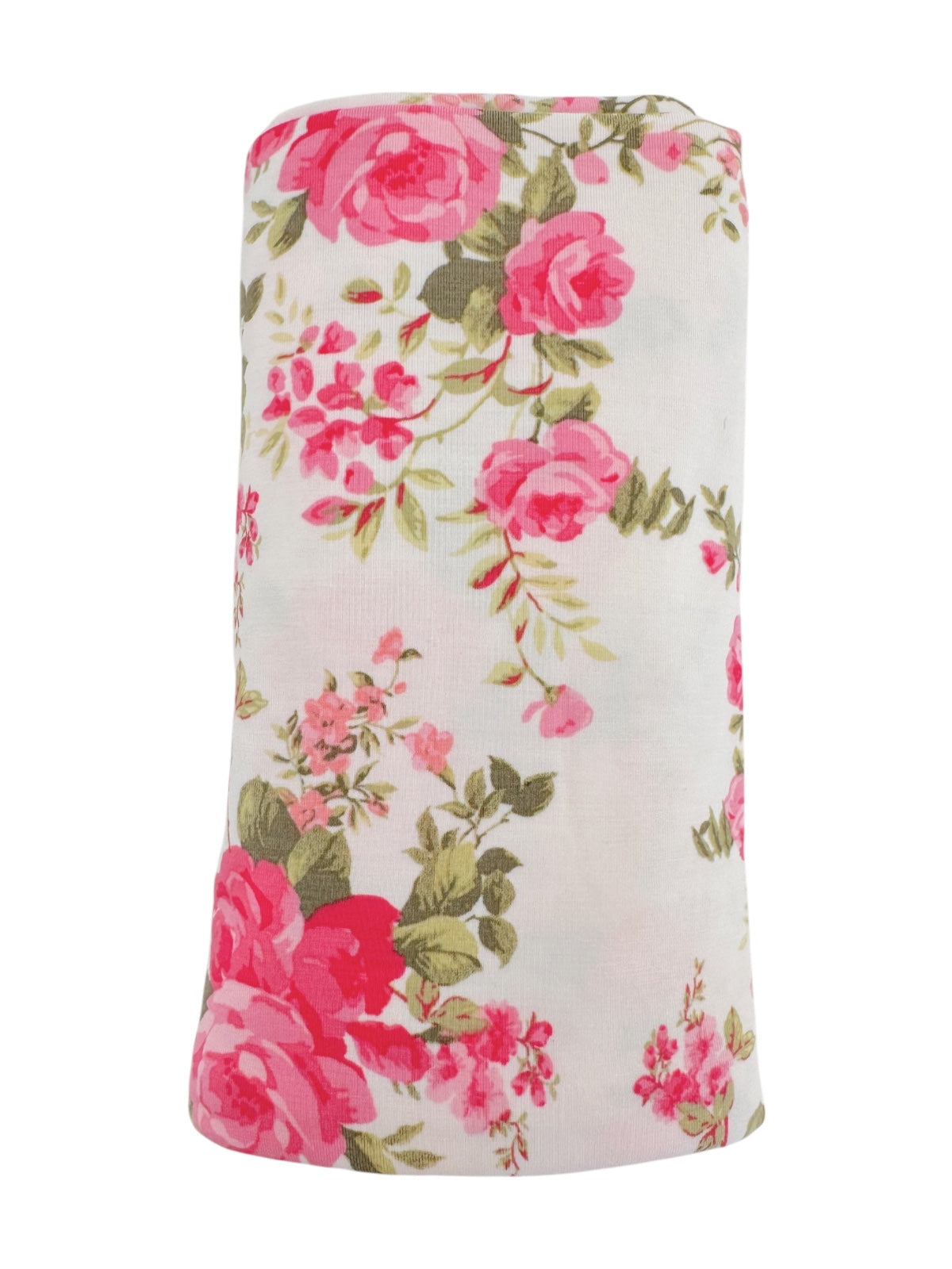 Floral-patterned fabric roll with pink and green roses on a white background. Ideal for crafts or decorations.