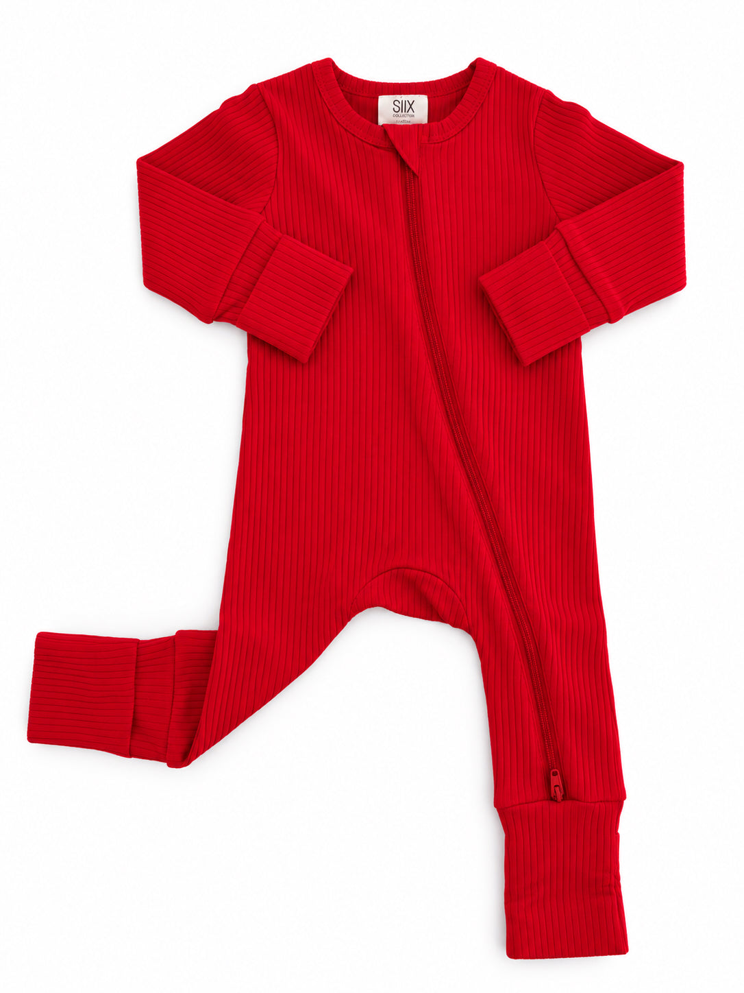 Red ribbed baby onesie with a front zipper and long sleeves, laid flat against a white background.