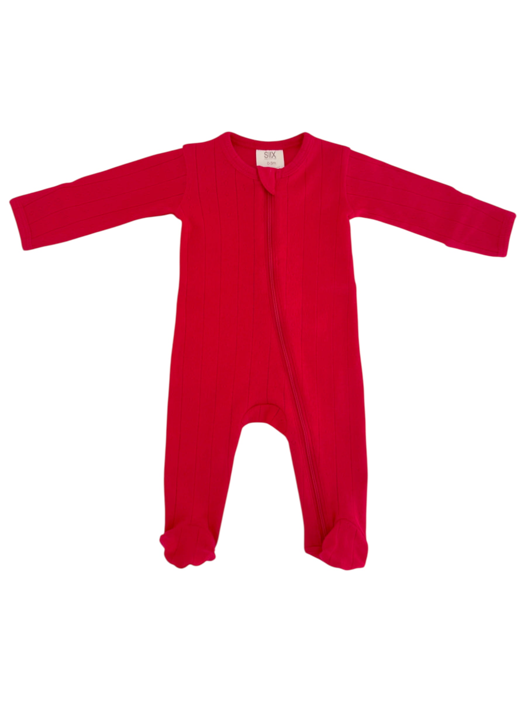 Bright red baby onesie with long sleeves and feet, featuring a front zipper and ribbed texture.