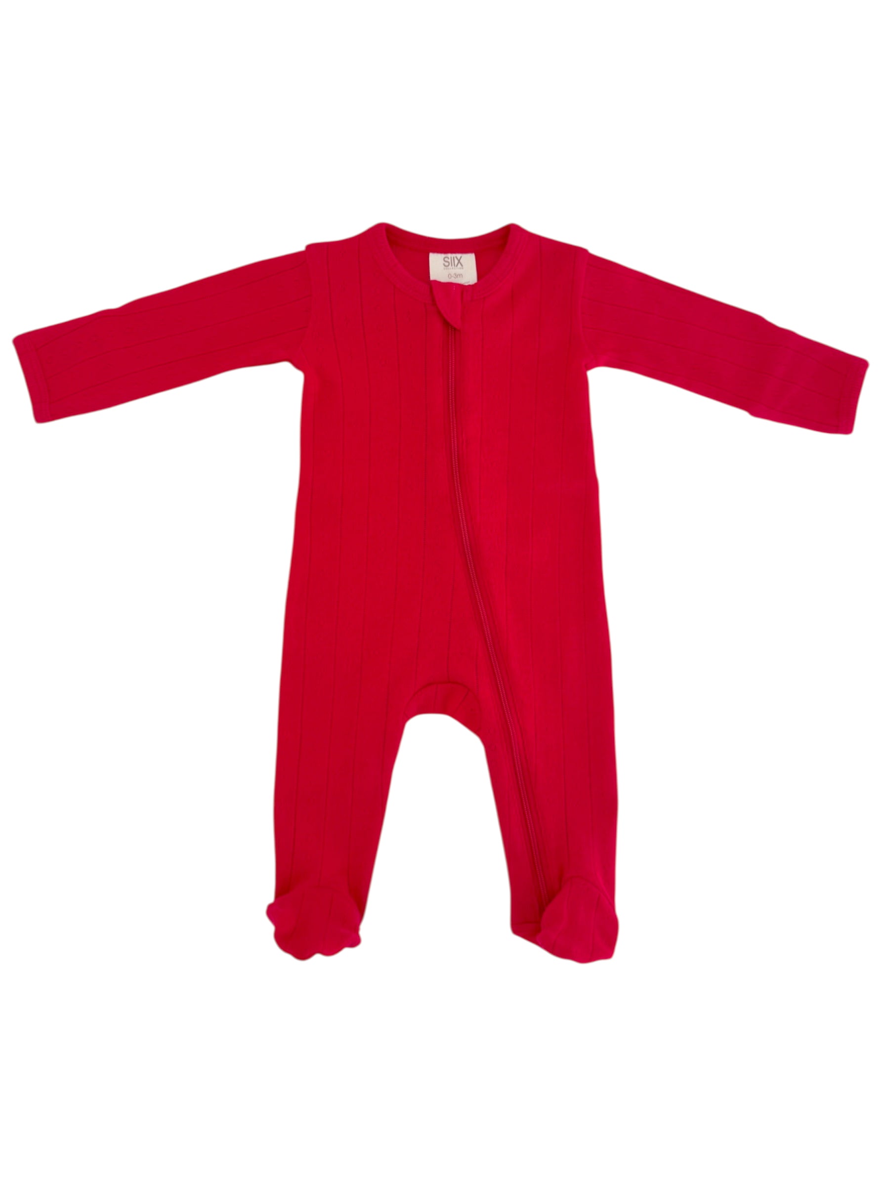 Bright red baby onesie with long sleeves and feet, featuring a front zipper and ribbed texture.