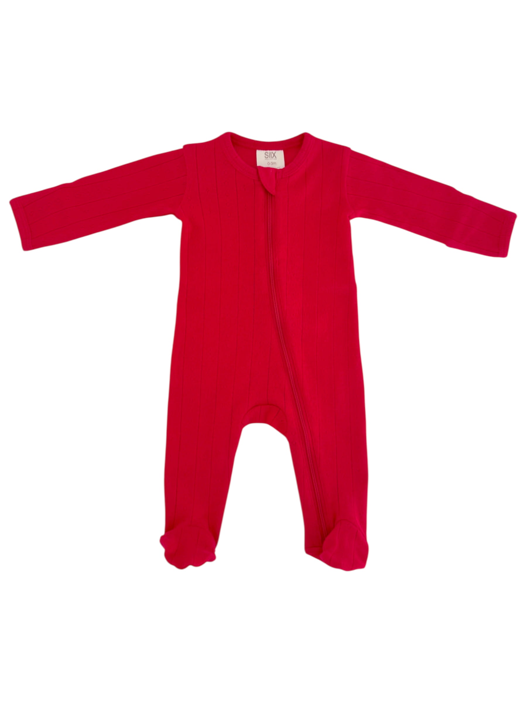 Bright red baby onesie with long sleeves and feet, featuring a front zipper and ribbed texture.