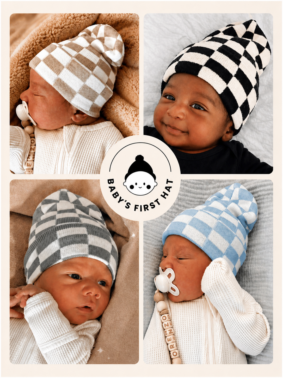 Four babies wearing stylish checkered beanies, showcasing diverse colors and expressions.