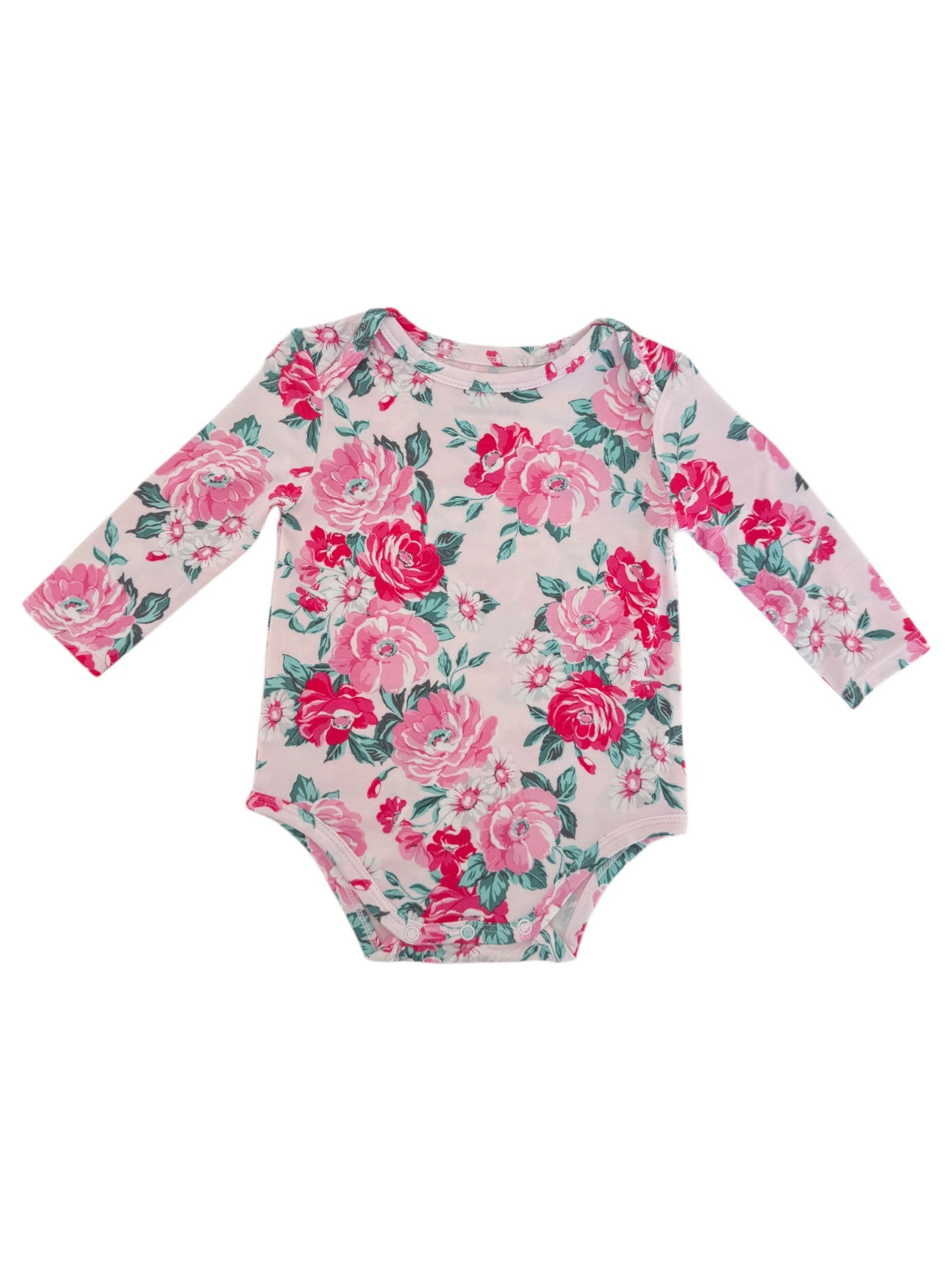 Long-sleeve infant bodysuit with a pink floral design on a light background.