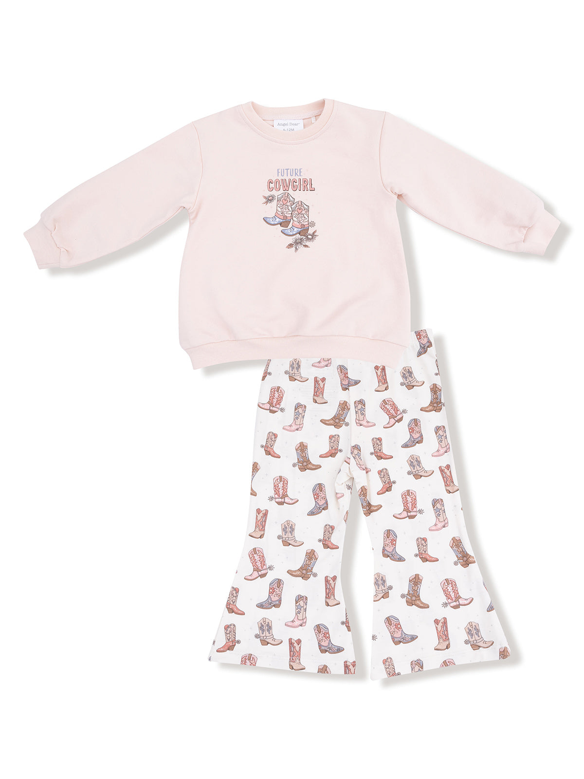 Light pink sweatshirt with "Future Cowgirl" graphic, paired with white pants featuring colorful cowboy boots print.