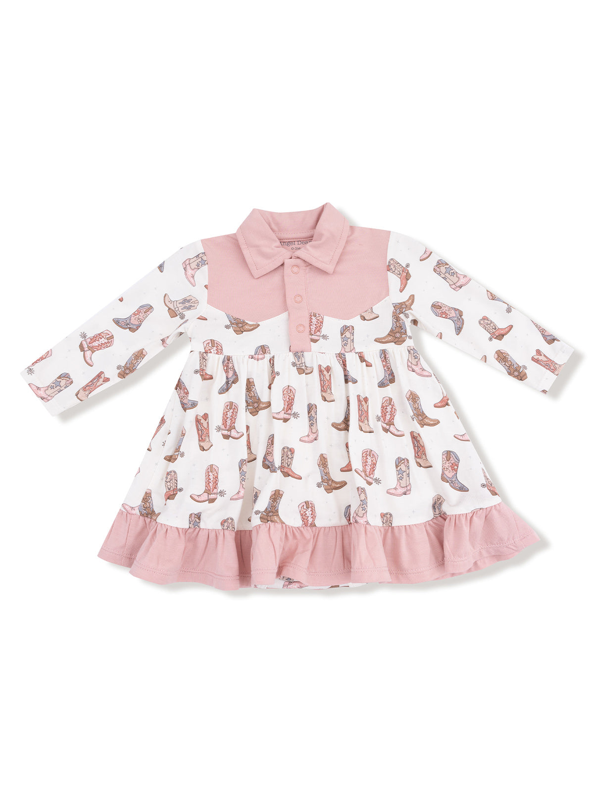 Pink and white girl’s dress featuring a cowboy boot pattern and a ruffled hem. Ideal for casual wear.