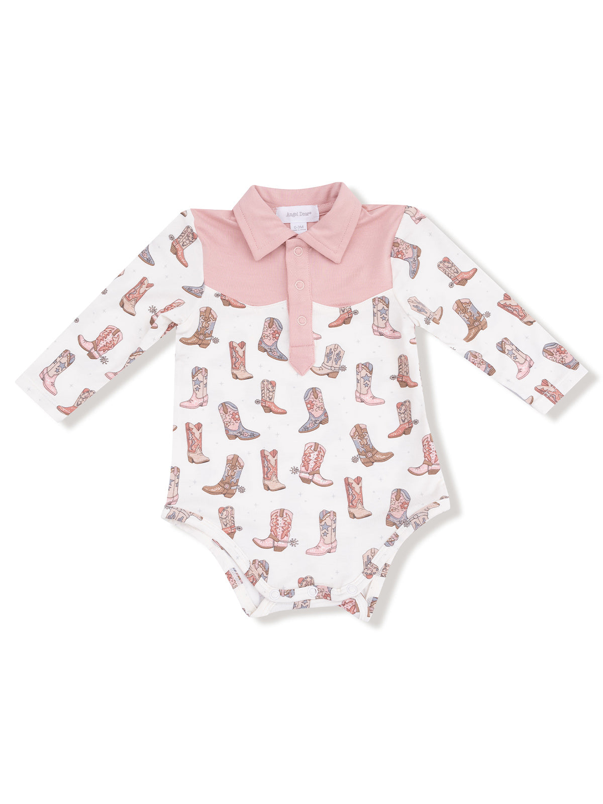 Pink-collared baby onesie featuring a whimsical cowboy boots pattern.