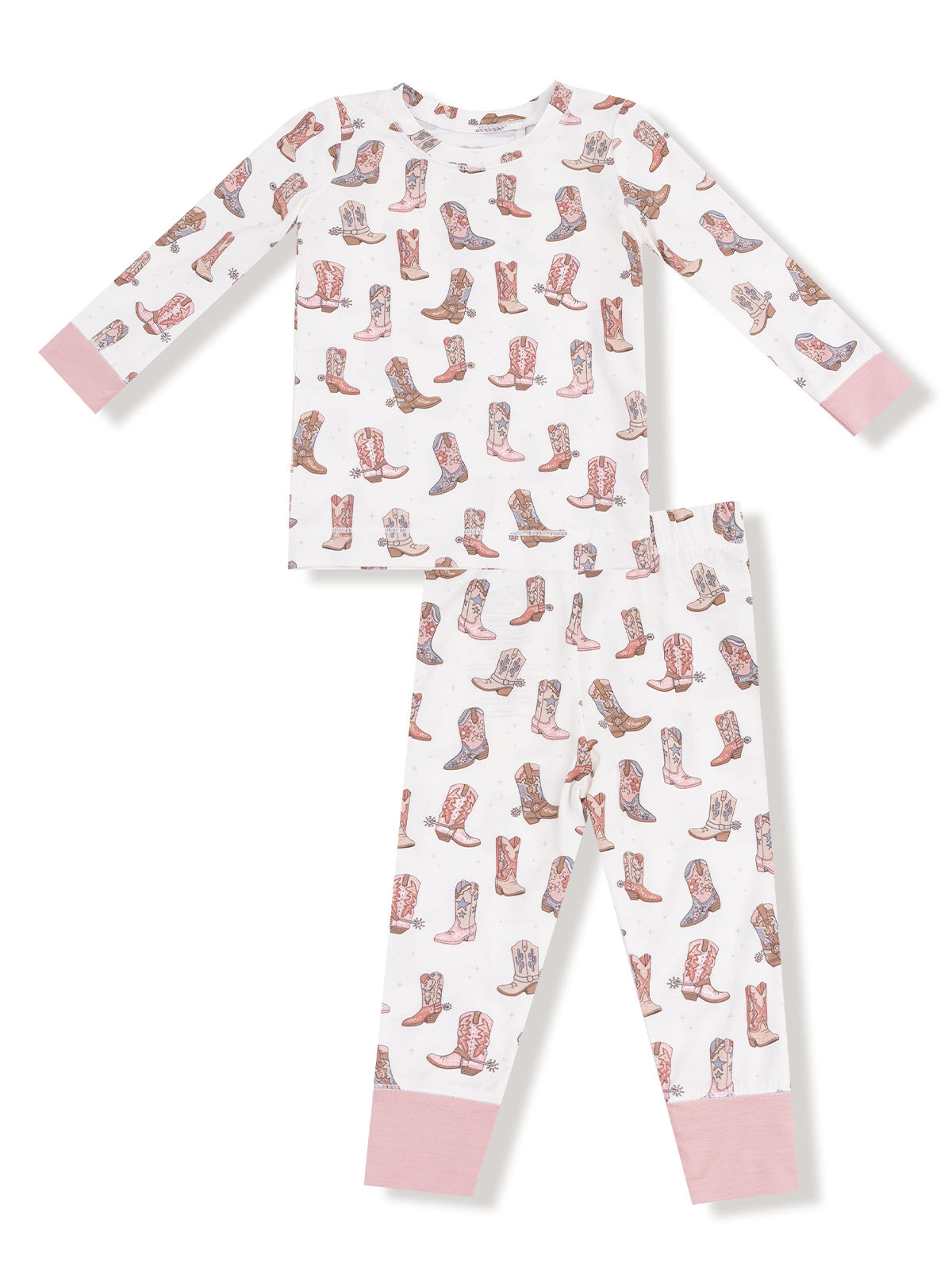 Child's winter pajamas featuring a cowboy boot pattern in soft pastel colors. Includes a long-sleeve top and pants.