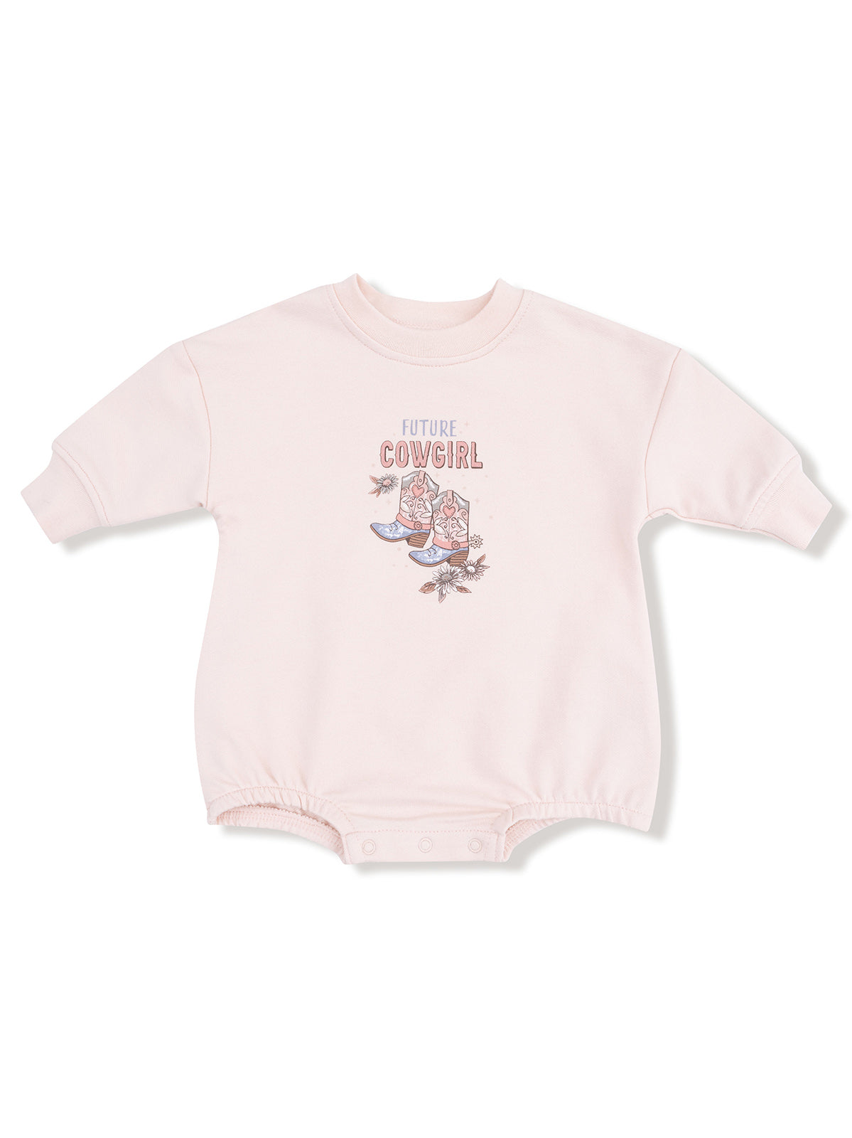 Pink baby onesie with "Future Cowgirl" graphic and cowboy boots design. Perfect for a trendy little one.