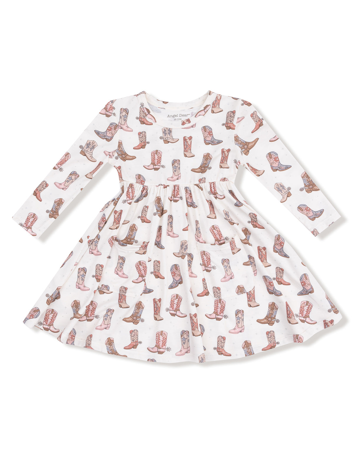 White dress with long sleeves, featuring a pattern of colorful cowboy boots. Perfect for casual wear.