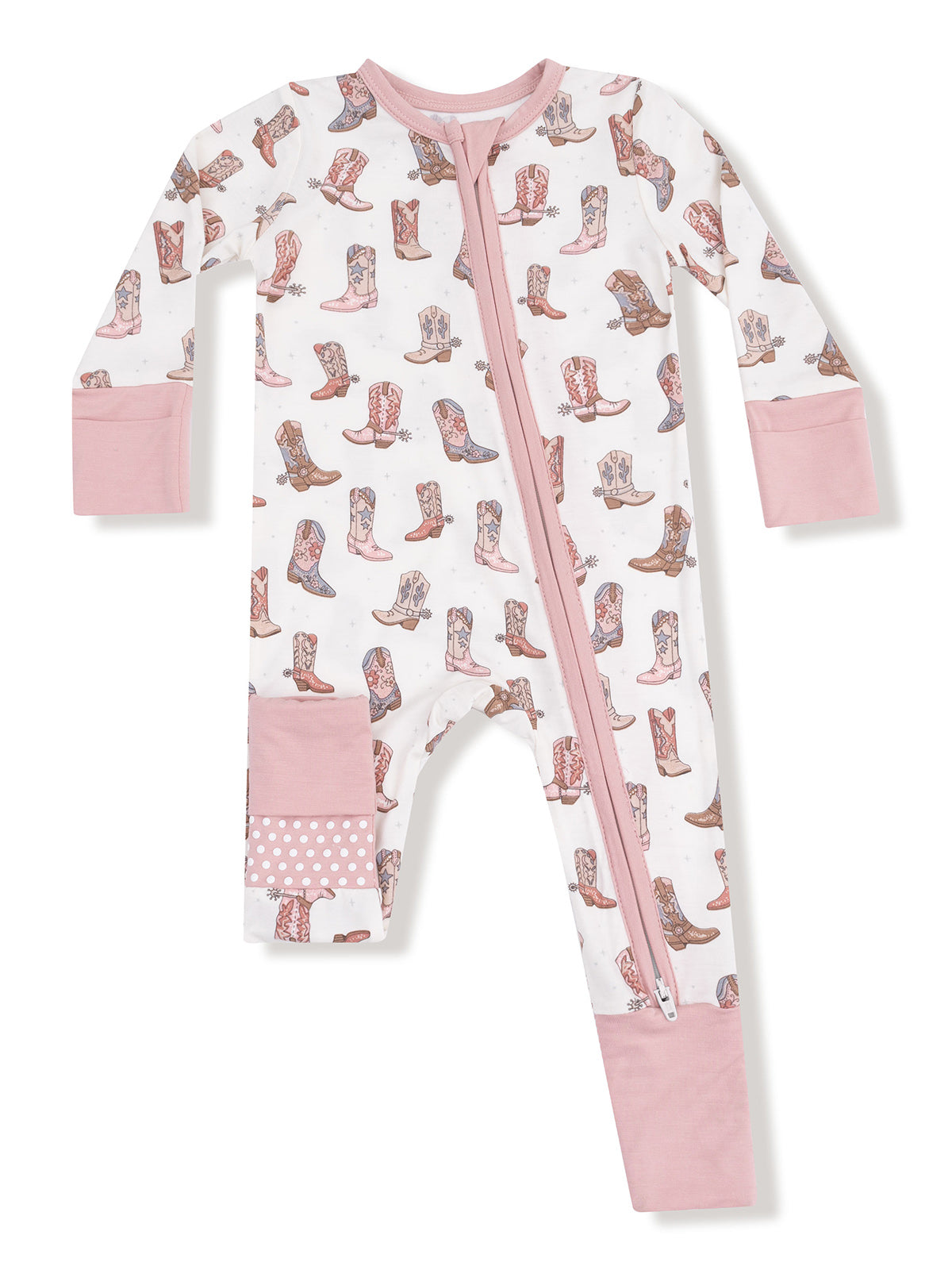 Baby onesie featuring a playful cowboy boot pattern with pink accents and a front zipper.