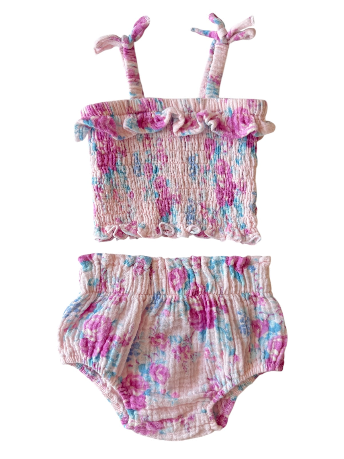 Floral patterned toddler swimsuit set with ruffled top and matching bottoms in pink, blue, and lavender hues.