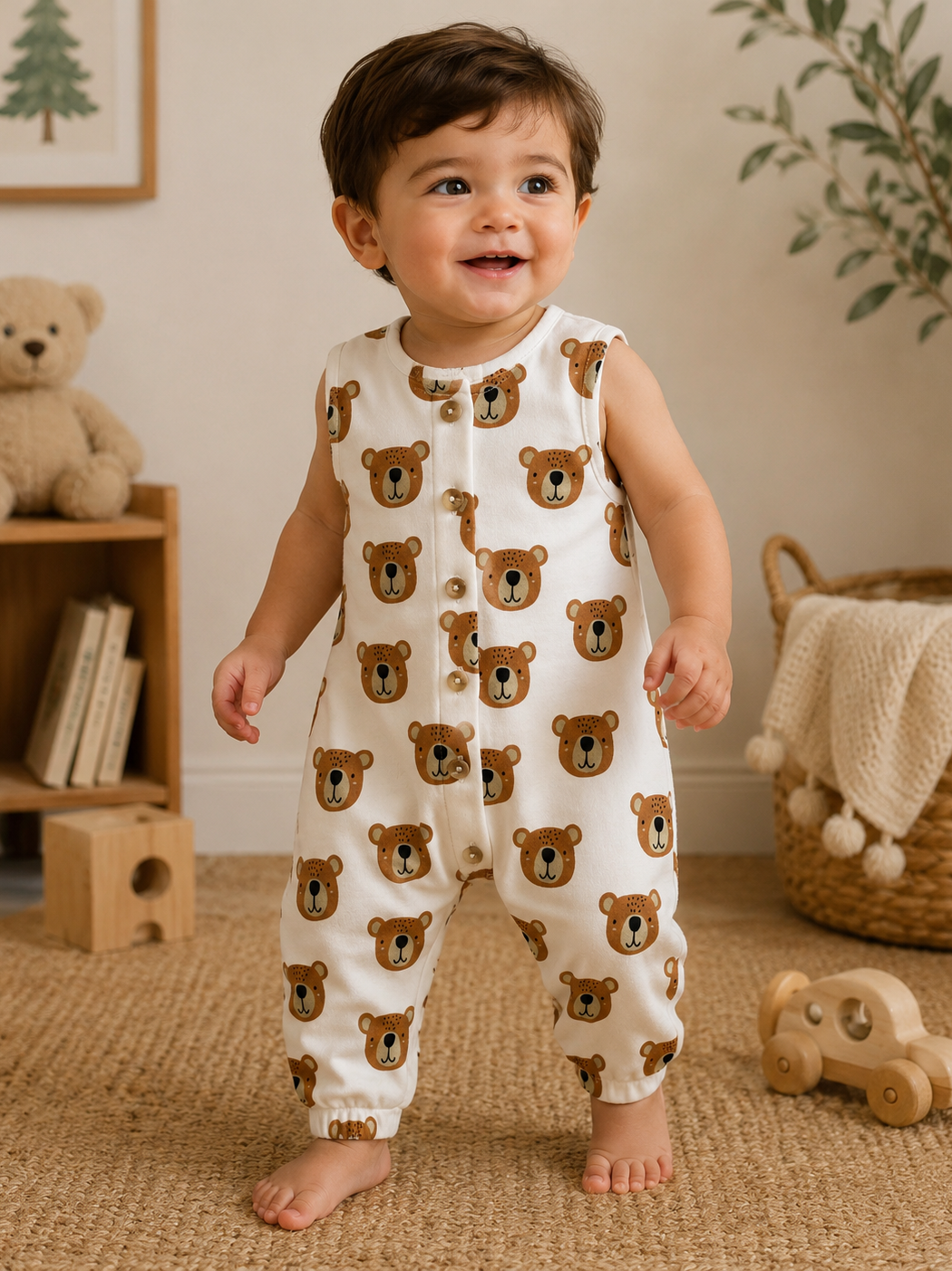 Smiling toddler in bear-patterned romper, standing on carpeted floor with toys and decor in the background.