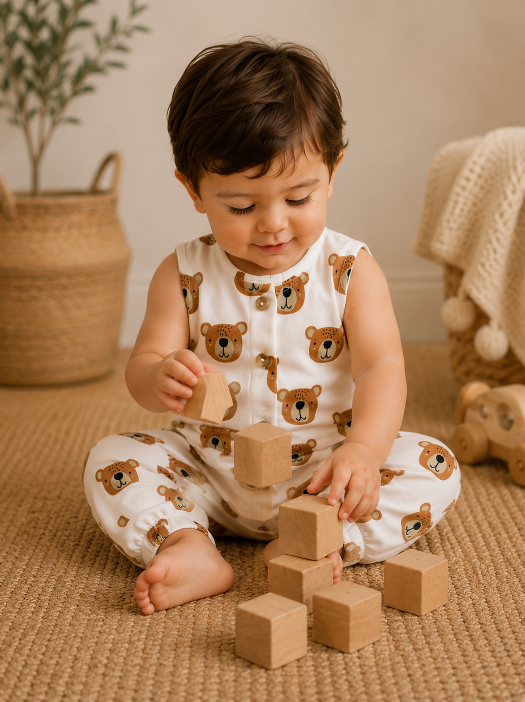 Toddler in bear-patterned outfit stacking wooden blocks on a textured floor, with a cozy ambiance.