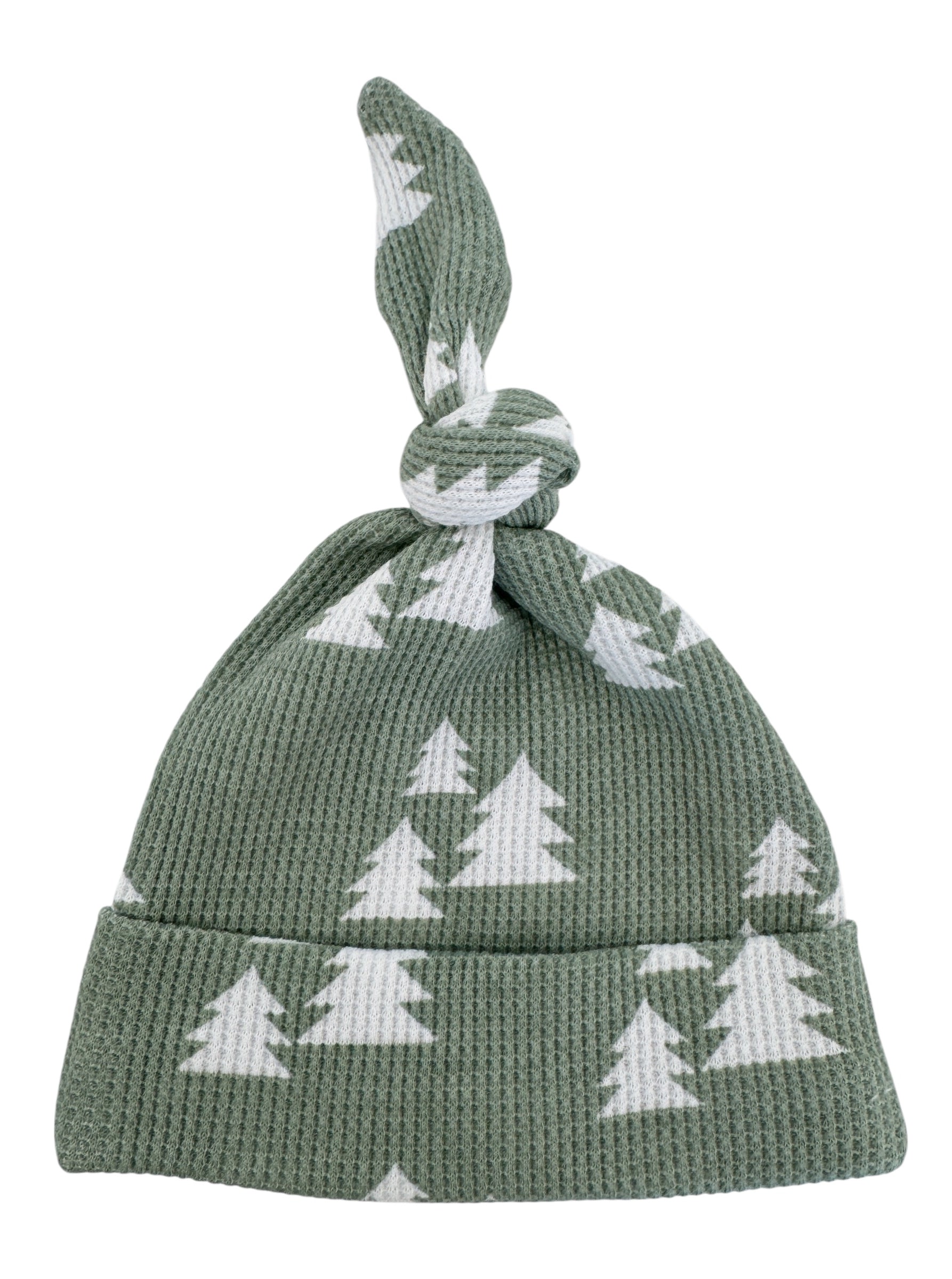 Green knit beanie with white tree patterns and a knotted top. Ideal for winter or festive occasions.