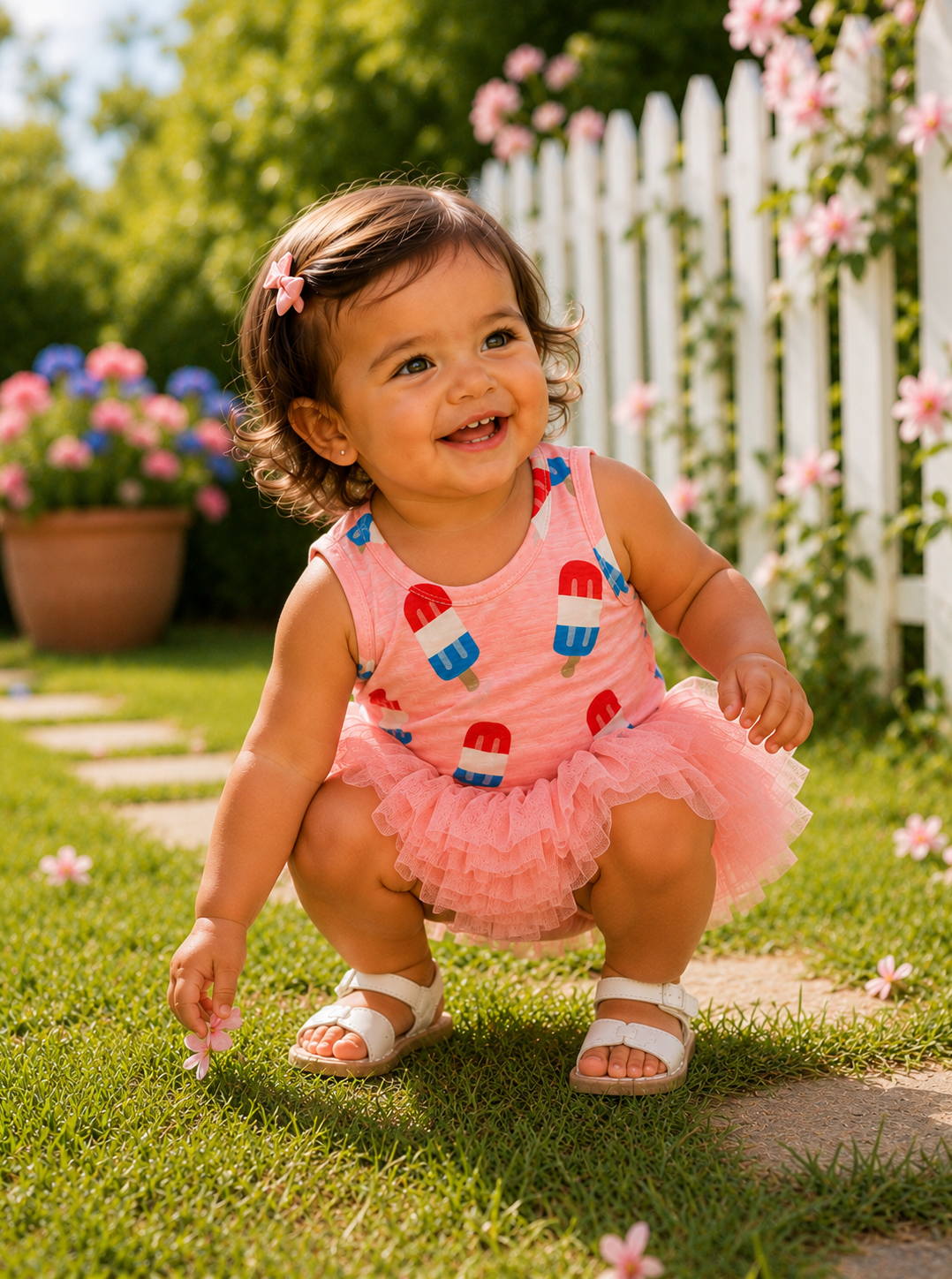 Smiling toddler in a pink dress playing in a garden with flowers and a white picket fence.