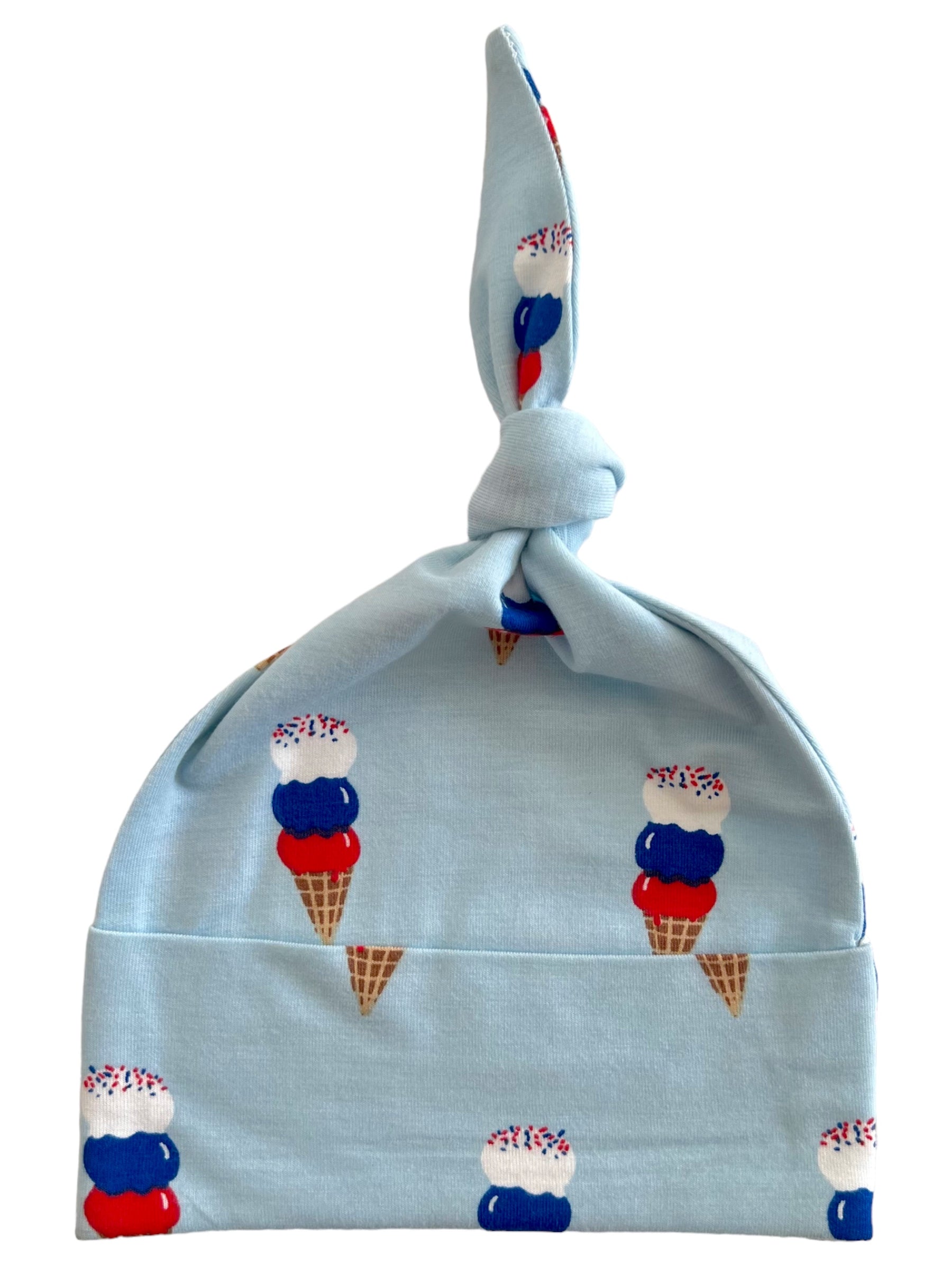 Light blue baby hat with ice cream cone pattern and a knot at the top, ideal for children and summer wear.