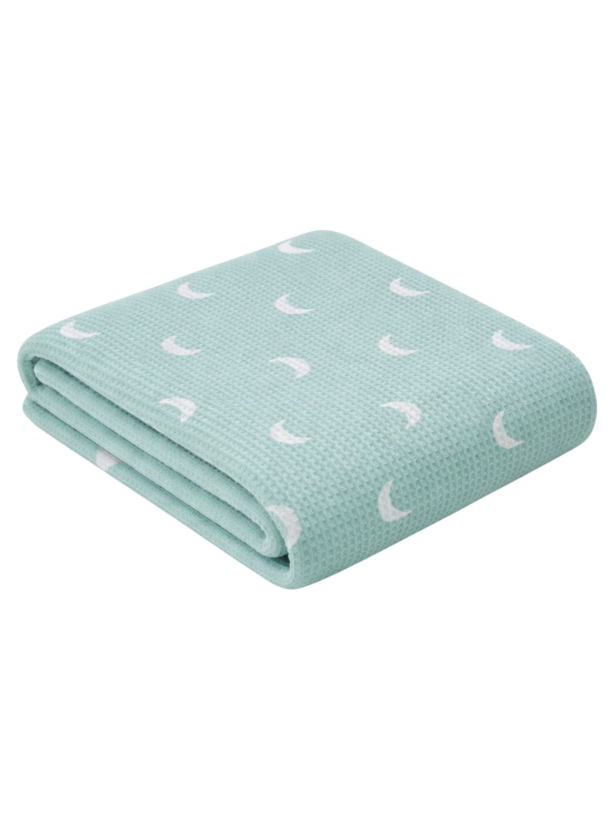 Light green blanket with a textured pattern and white crescent moons, folded neatly on a white background.