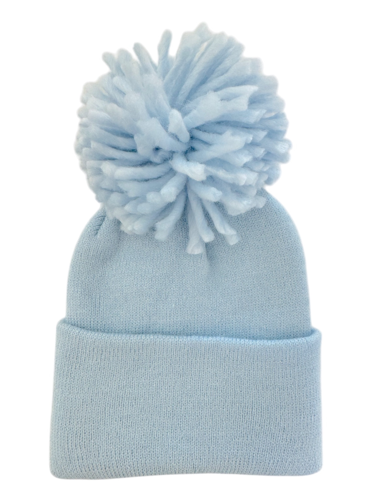 Light blue knit beanie with a large fluffy pom-pom on top.