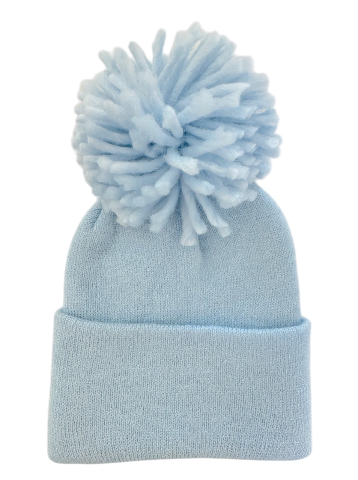 Light blue knit beanie with a large fluffy pom-pom on top.