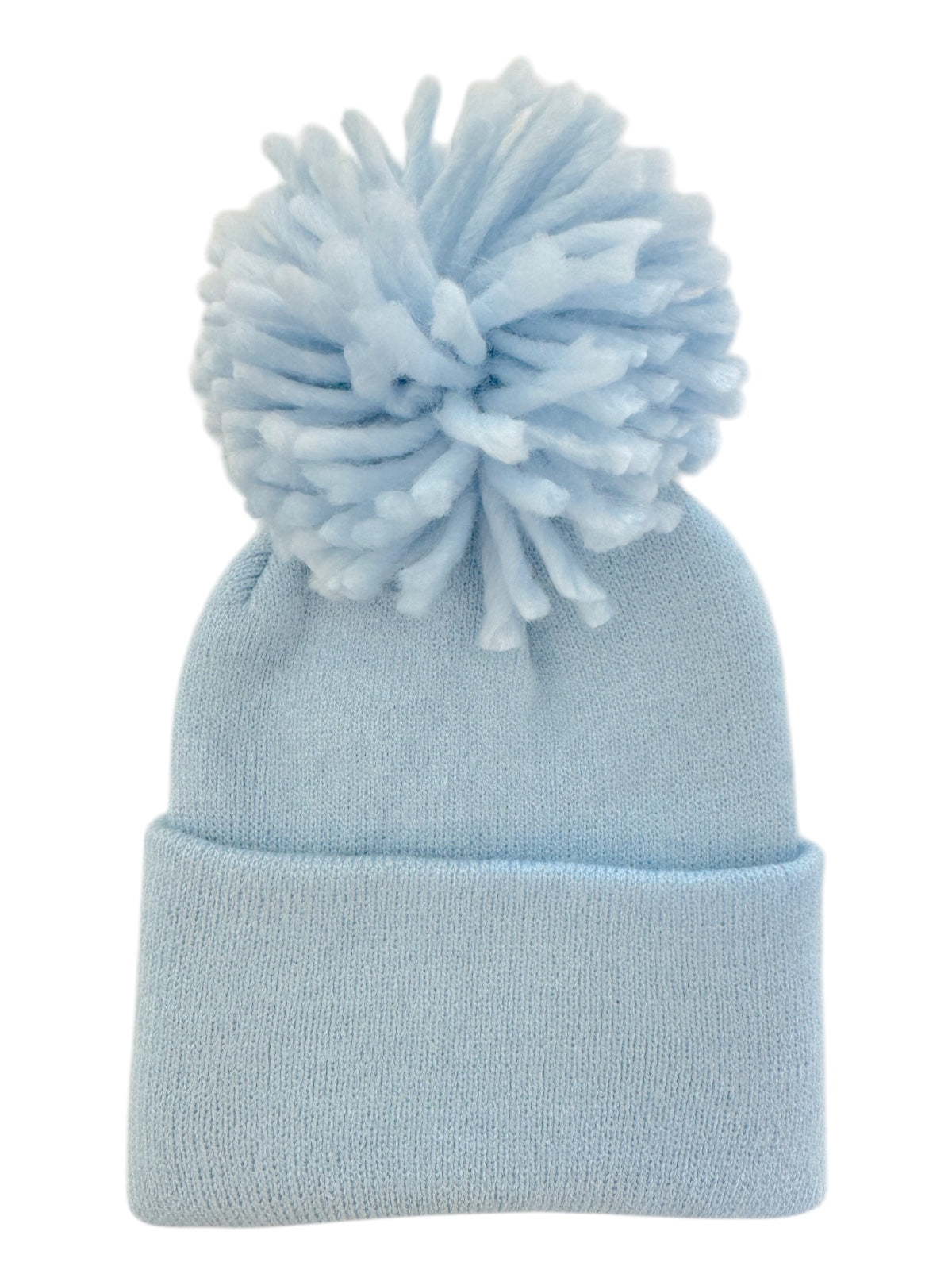 Light blue knit beanie with a large fluffy pom-pom on top.