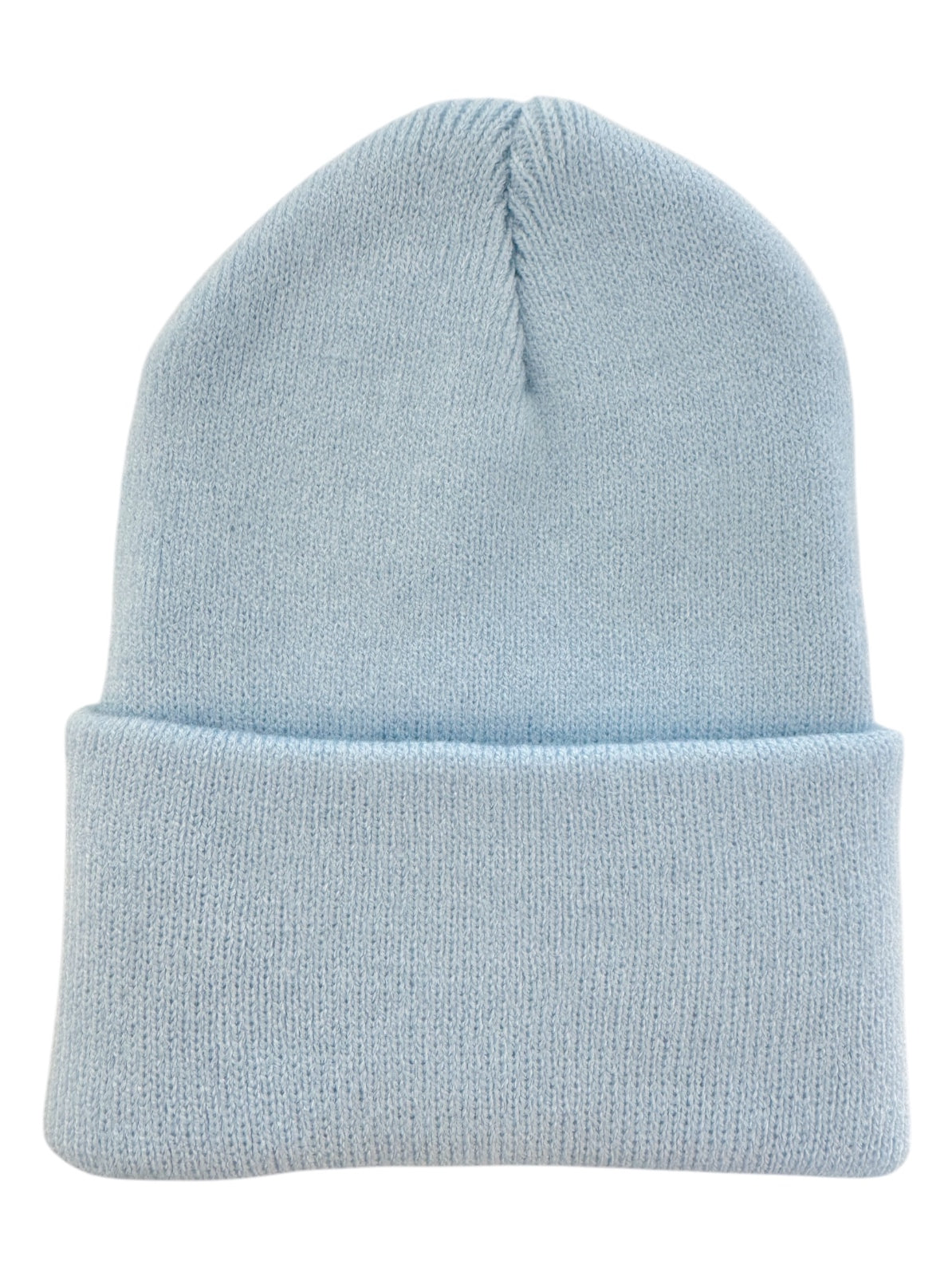 Light blue knitted beanie hat with a rolled cuff, displayed flat on a white background.