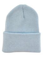 Light blue knitted beanie hat with a rolled cuff, displayed flat on a white background.