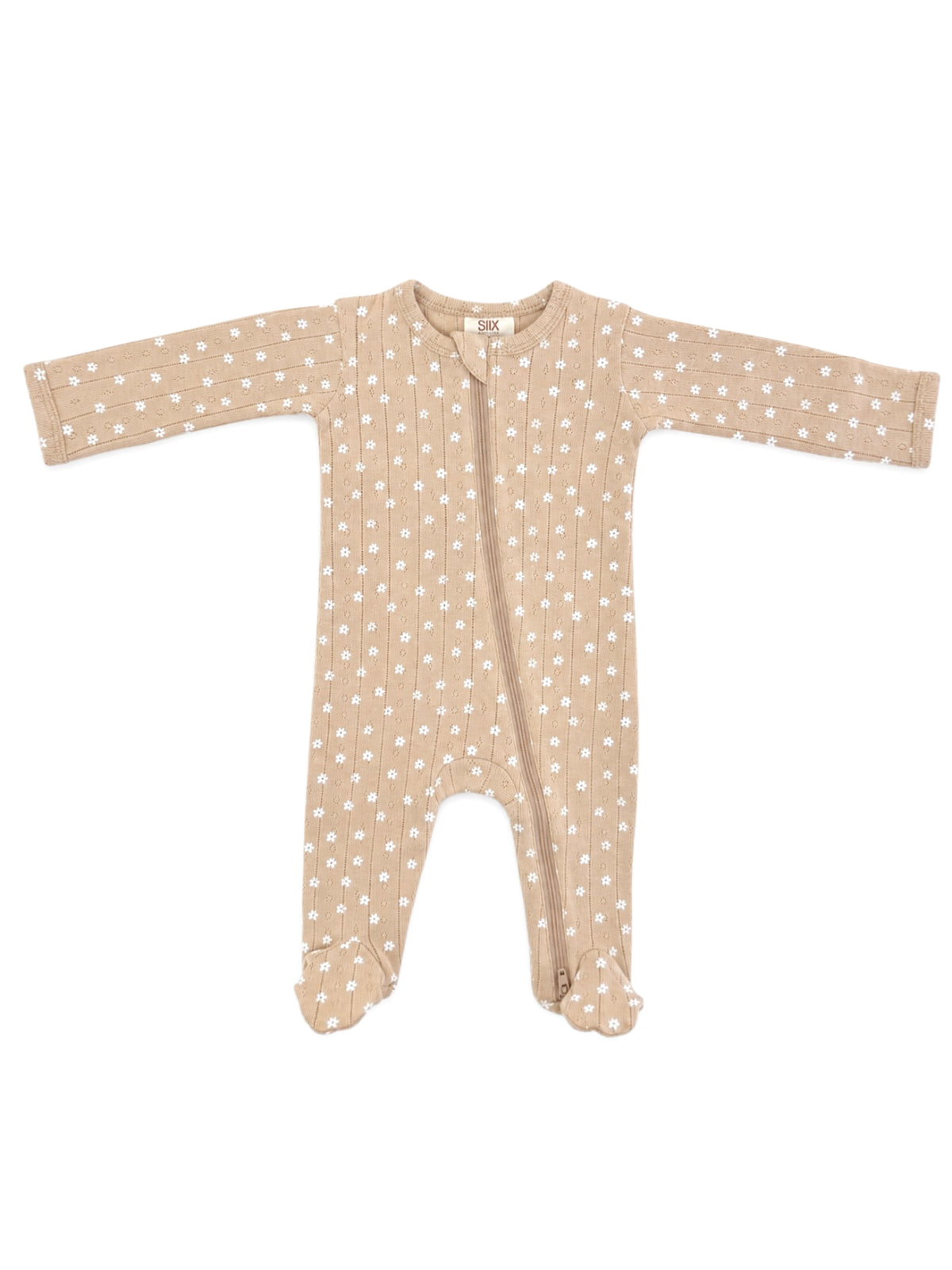 Tan baby onesie with white floral pattern, featuring long sleeves and a front zipper closure.