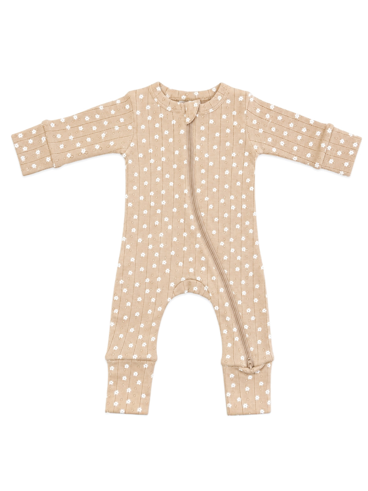 Tan baby romper with white floral pattern and zipper, featuring long sleeves and footed design.
