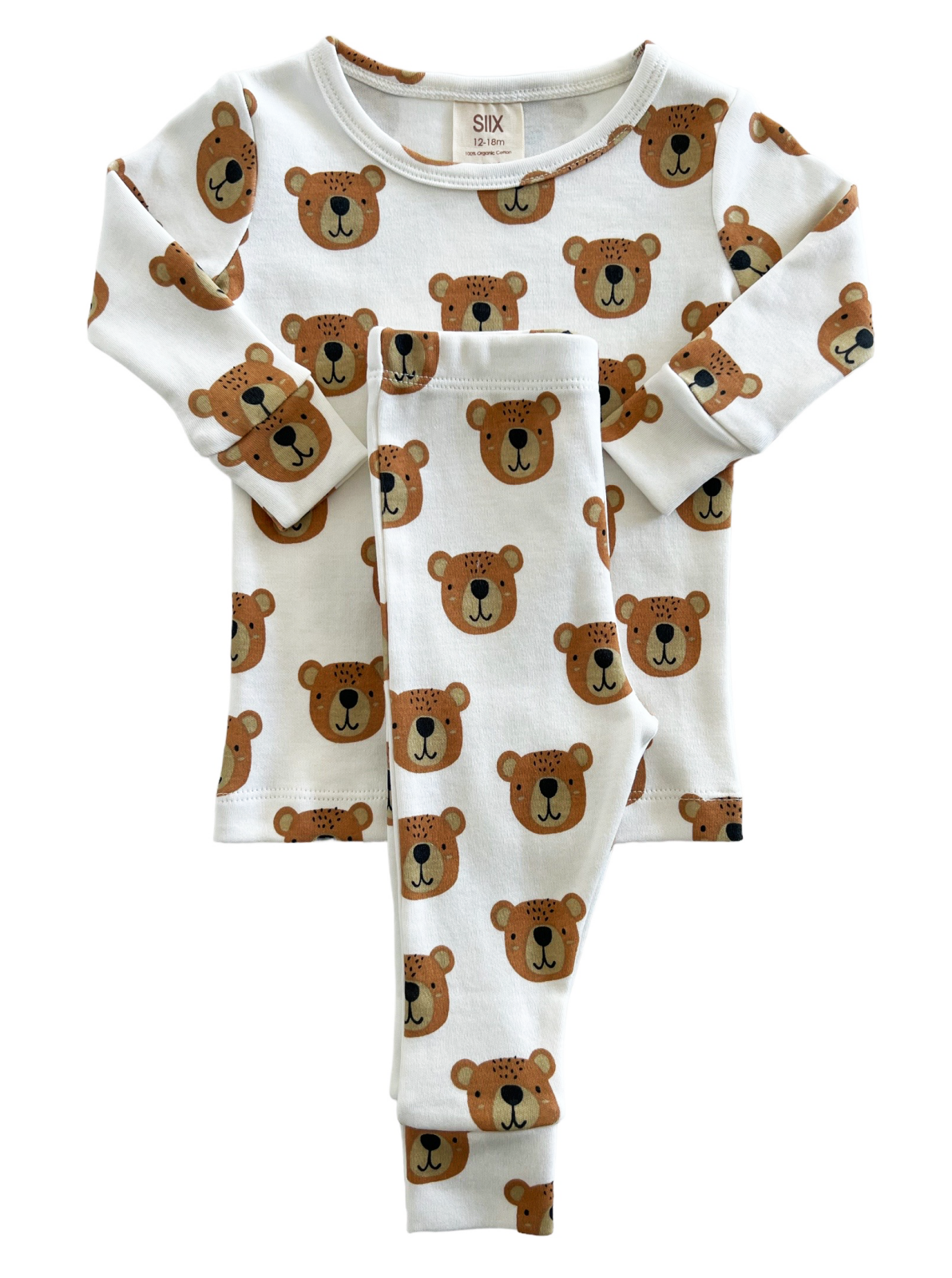 Youth pajama set featuring an all-over bear print on a white background. Size 12-18 months.
