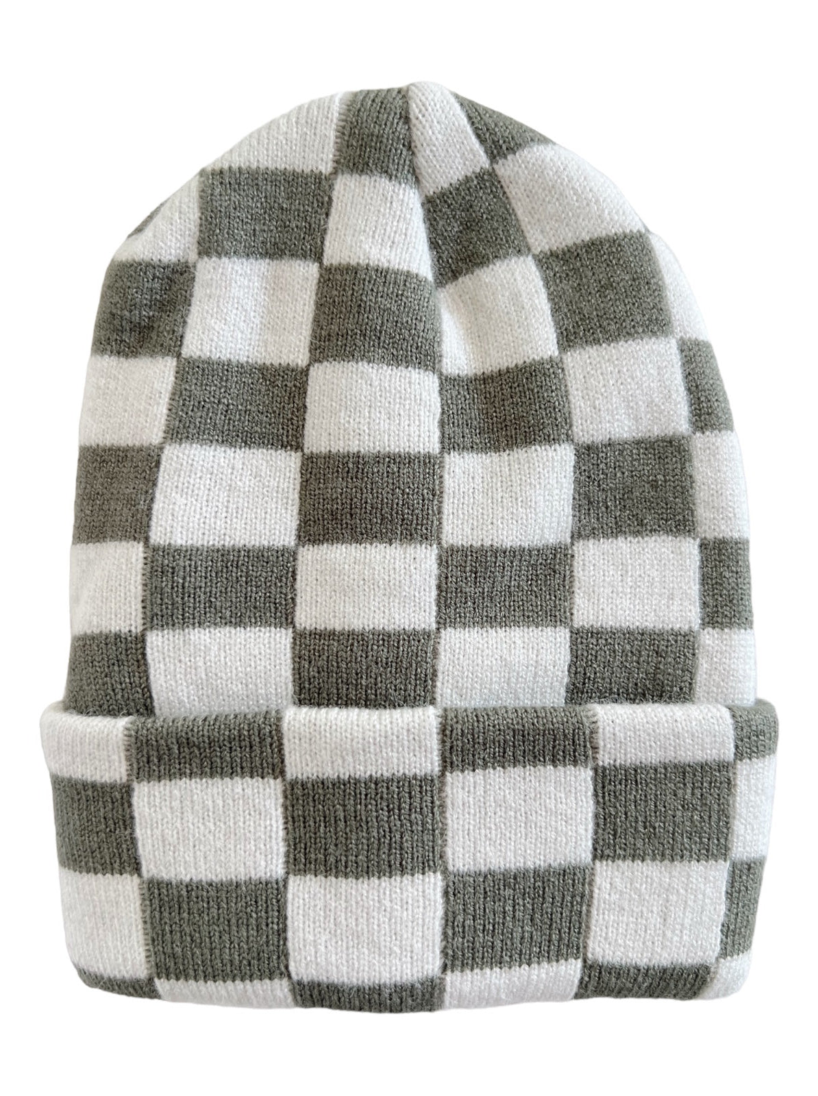 Gray and white checkered knit beanie hat, featuring a fold-over cuff design.