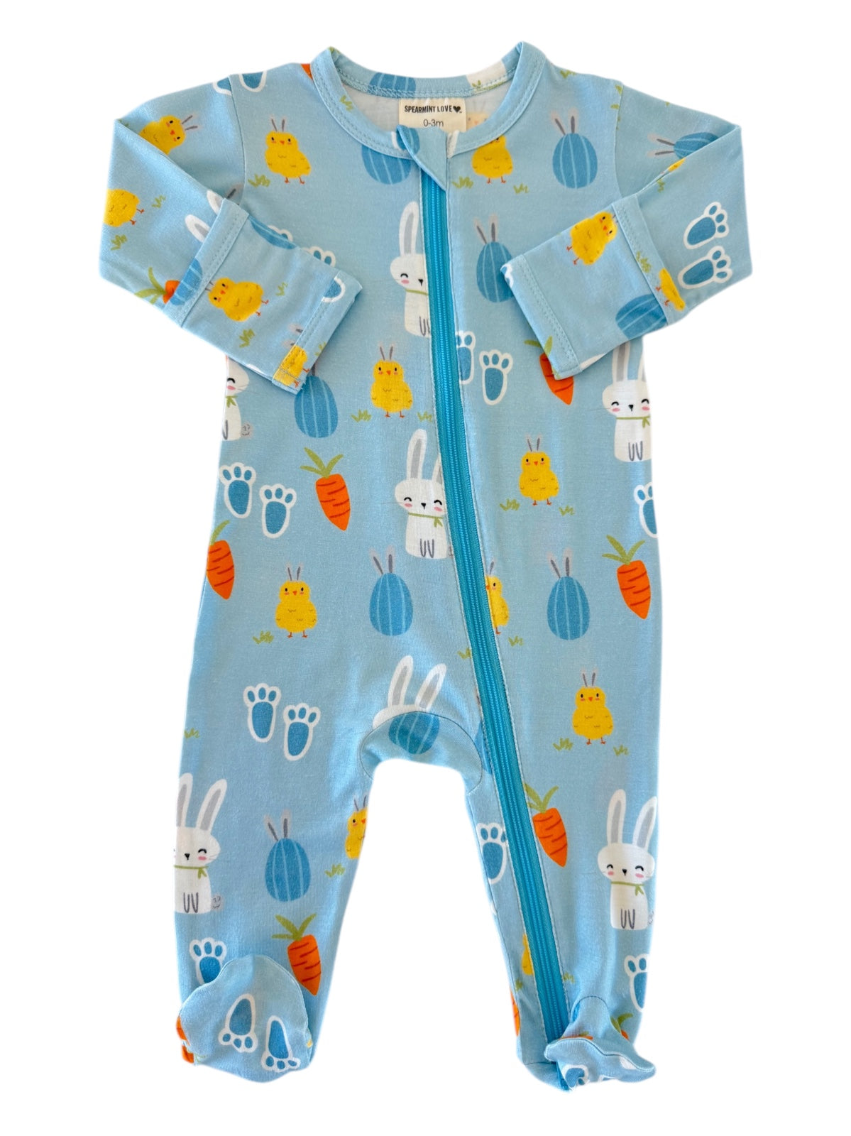 Light blue baby onesie with cute bunnies, chicks, carrots, and paw prints, featuring a front zipper.