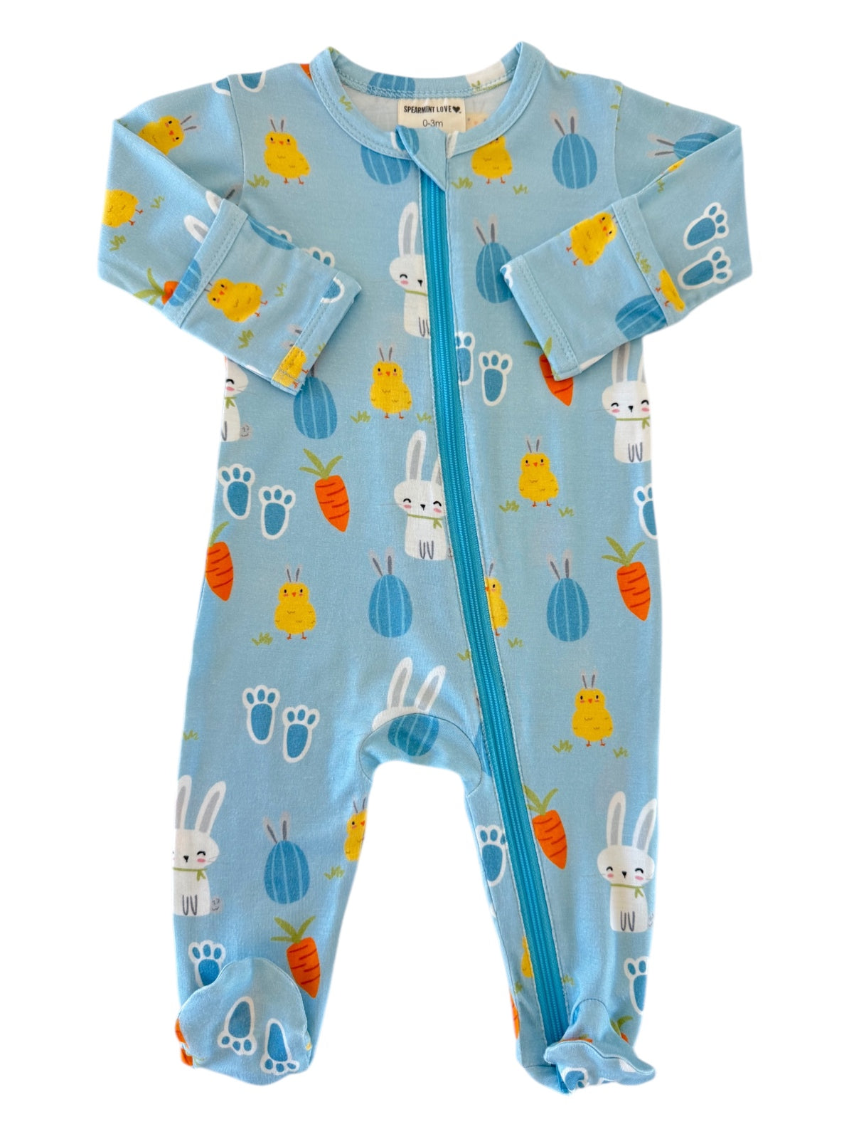 Light blue baby onesie with cute bunnies, chicks, carrots, and paw prints, featuring a front zipper.