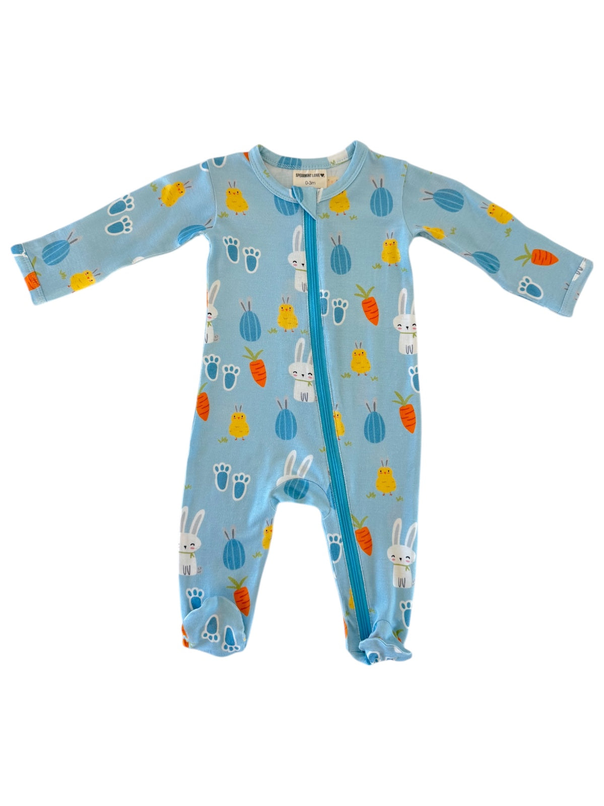 Blue baby onesie with bunny and carrot patterns, featuring a front zipper and long sleeves.