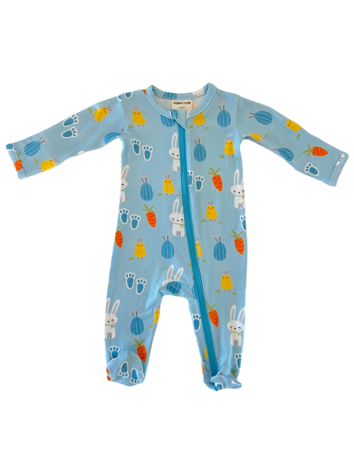 Blue baby onesie with bunny and carrot patterns, featuring a front zipper and long sleeves.