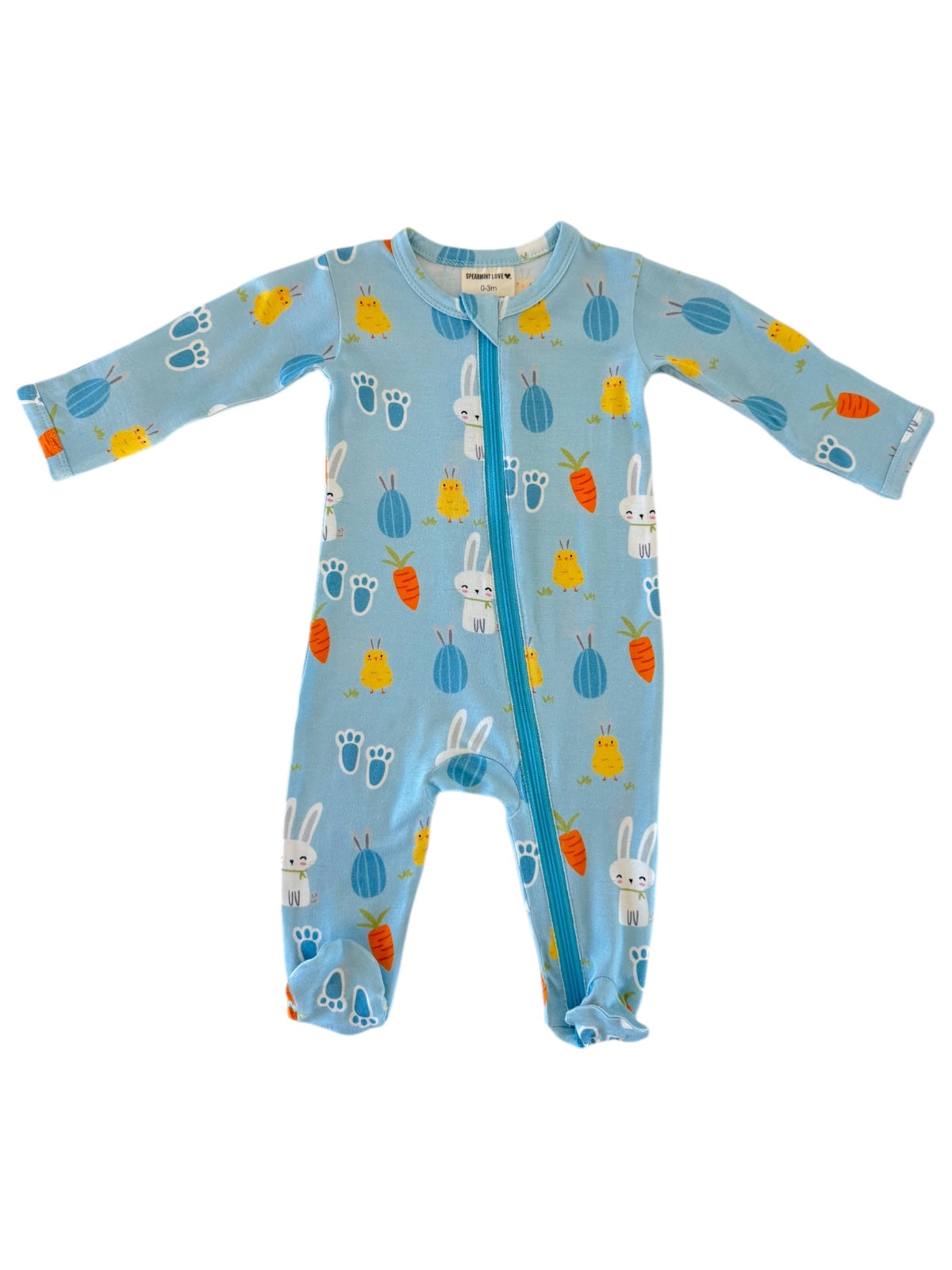Blue baby onesie with bunny and carrot patterns, featuring a front zipper and long sleeves.