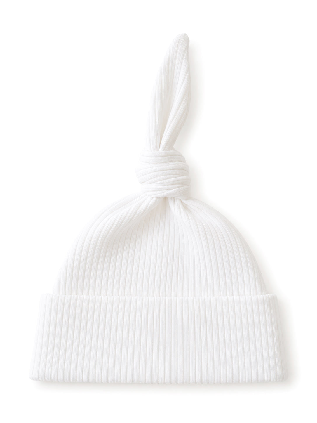 White ribbed hat with a knotted top, designed for a stylish and cozy look.