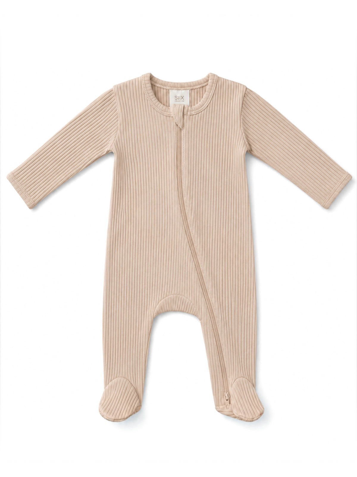 Beige ribbed baby onesie with long sleeves and front zipper closure, featuring footed design.