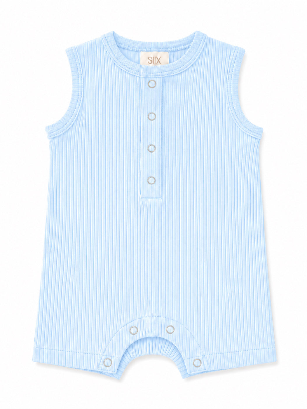 Light blue sleeveless baby romper with vertical stripes and snap buttons at the front.