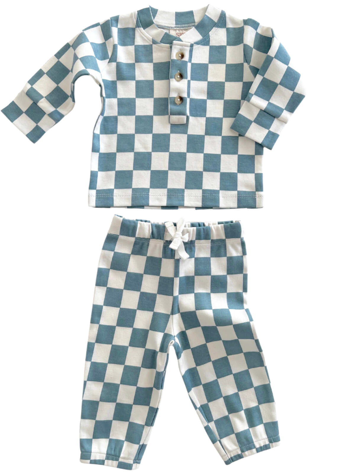 Light blue and white checkered pattern baby outfit with long sleeves and pants. Ideal for casual wear.