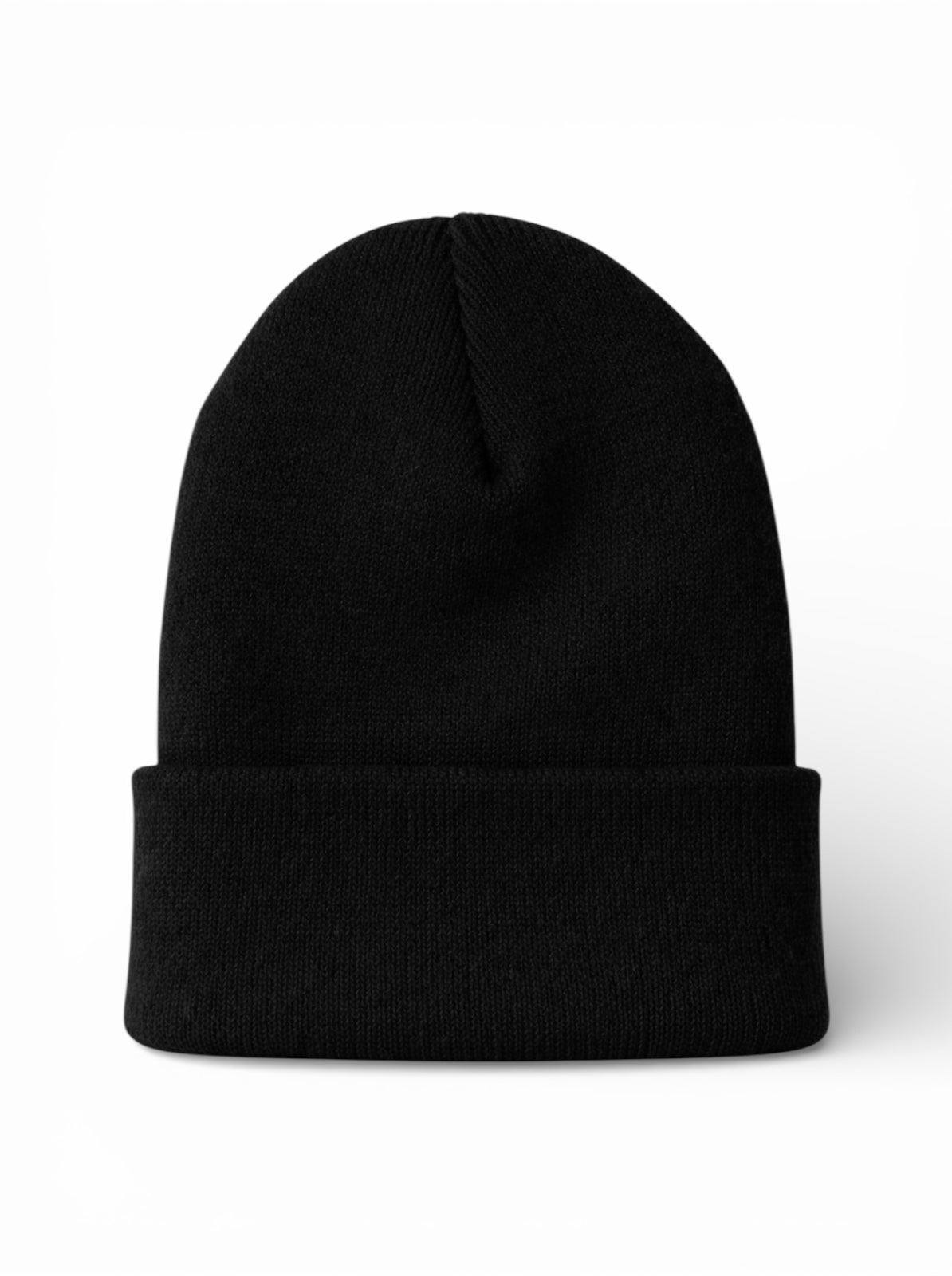 Black knit beanie hat with a folded cuff, positioned upright on a white background.