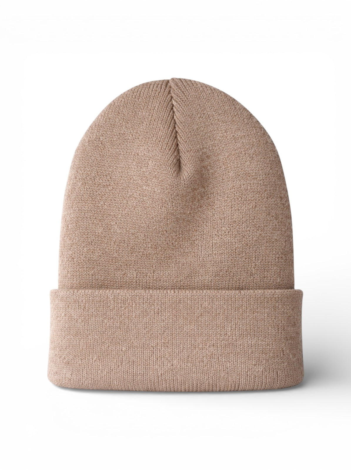 Tan knit beanie hat with a folded brim, perfect for winter wear or casual style.